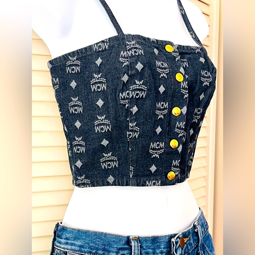 MCM Italian dark blue denim bustier size small brass snaps NWT tailored
